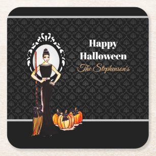 Posavasos Cuadrado De Papel Vestido negro largo elegante clásico de Halloween
