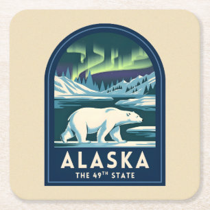 Posavasos Cuadrado De Papel Viajando Vintage Alaska Luces del Norte Oso Polar