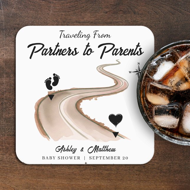 Posavasos Cuadrado De Papel Viajar de partners a padres Baby Shower (Traveling from Partners to Parents Baby Shower Square Paper Coaster
)