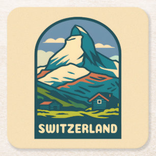 Posavasos Cuadrado De Papel Viaje de época retro Suiza Matterhorn