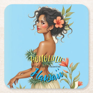 Posavasos Cuadrado De Papel Viaje de estilo vintage en Hawái Honolulu Hula Chi