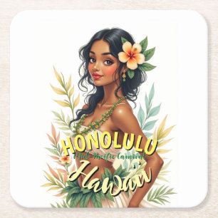 Posavasos Cuadrado De Papel Viaje de estilo vintage en Hawái Honolulu Hula Chi