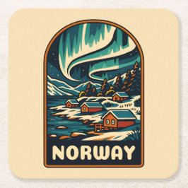 Posavasos Cuadrado De Papel Viaje retro vintage Noruega Luces boreales Escenar