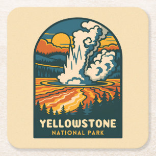 Posavasos Cuadrado De Papel Viaje retro vintage Parque nacional Yellowstone