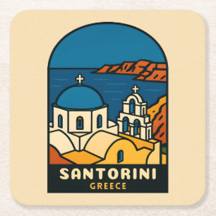 Posavasos Cuadrado De Papel Viaje Vintage Santorini Grecia Costero Retro
