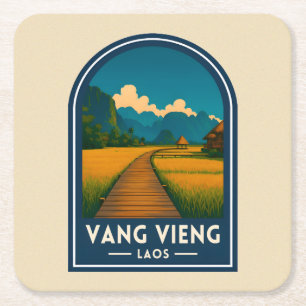 Posavasos Cuadrado De Papel Viajes Antiguos Vang Vieng Laos Escénico Retro