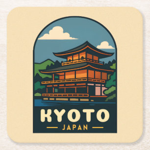Posavasos Cuadrado De Papel Viajes de época Kioto Japón Paisaje retro escénico