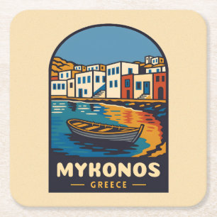 Posavasos Cuadrado De Papel Viajes de época Mykonos Grecia Isla Retro