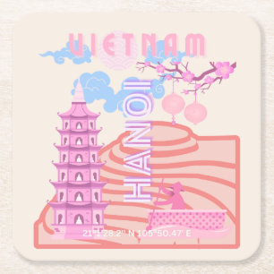 Posavasos Cuadrado De Papel Viajes de Vietnam, rosa