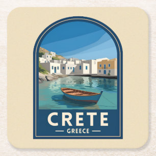 Posavasos Cuadrado De Papel Viajes Retro Vintage Creta Grecia Costa