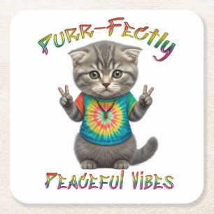 Posavasos Cuadrado De Papel Vibraciones de gatito boho hippie pacíficas