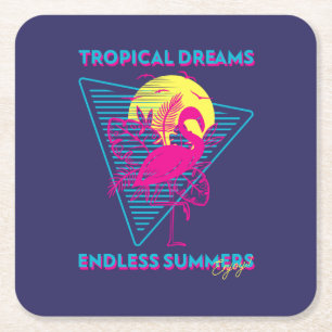 Posavasos Cuadrado De Papel Vibraciones de Synthwave Atardecer Flamenco Retro