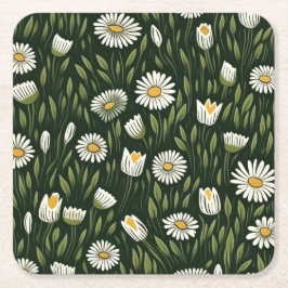 Posavasos Cuadrado De Papel Vibrant Daisy Pattern with Lush Green Accents