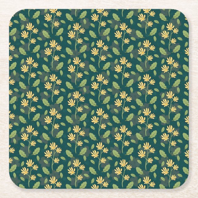 Posavasos Cuadrado De Papel Vibrant Green Pattern with Yellow Flowers & Leaves (Anverso)