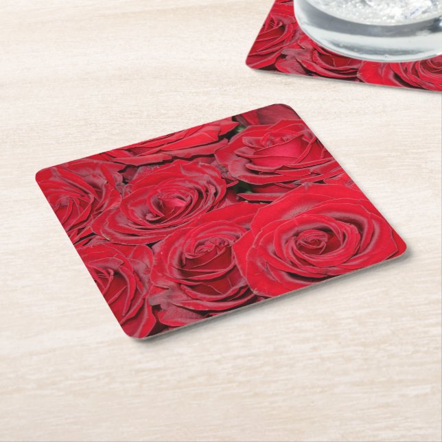 Posavasos Cuadrado De Papel Vibrant Red Roses (En perspectiva)
