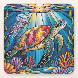 Posavasos Cuadrado De Papel Vibrant Stained Glass Sea Turtle Ocean Design