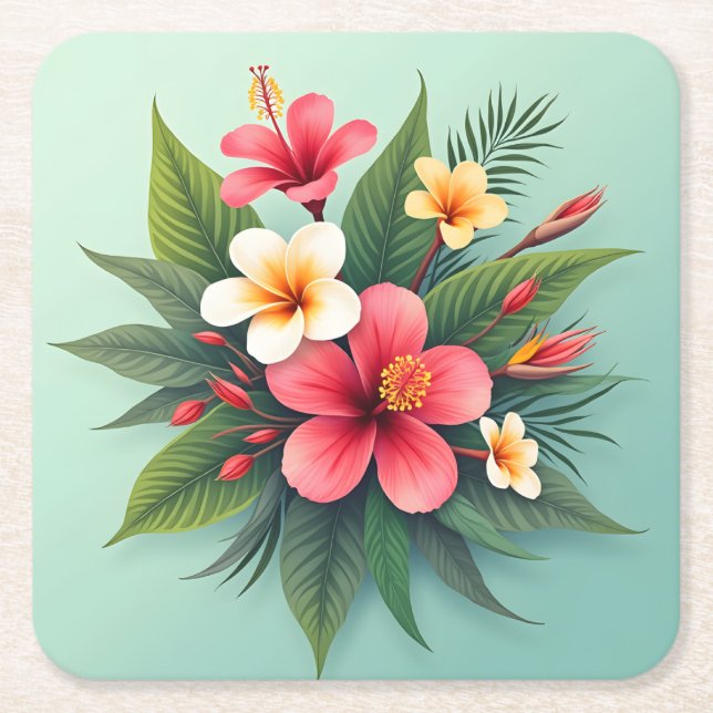 Posavasos Cuadrado De Papel Vibrante armonía floral tropical (Anverso)