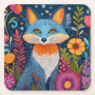 Posavasos Cuadrado De Papel Vibrante Fox Dot Art en medio de Lush Flora