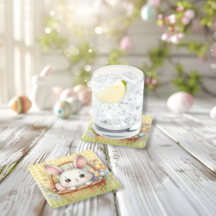 Posavasos Cuadrado De Papel Vibrante Pascua feliz en un fondo amarillo