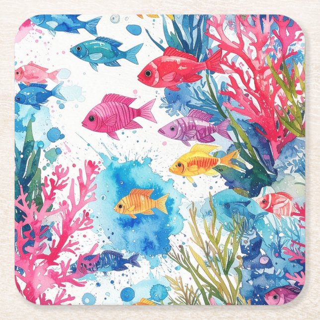 Posavasos Cuadrado De Papel Vibrante patrón de vida marina de acuarela de pece (Anverso)
