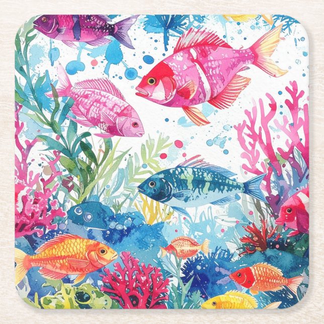 Posavasos Cuadrado De Papel Vibrante patrón de vida marina de acuarela de pece (Anverso)