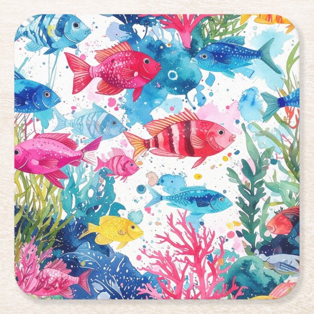 Posavasos Cuadrado De Papel Vibrante patrón de vida marina de acuarela de pece (Anverso)