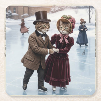 Posavasos Cuadrado De Papel Victorian Skating Cats Paper Coaster