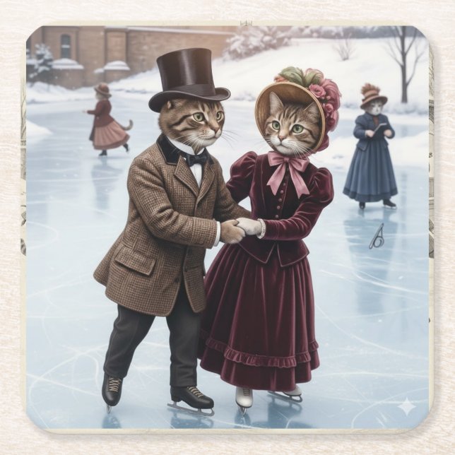 Posavasos Cuadrado De Papel Victorian Skating Cats Paper Coaster (Anverso)