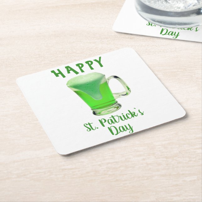 Posavasos Cuadrado De Papel Vidrio de Cerveza Verde Feliz Día de San Patricio (En perspectiva)