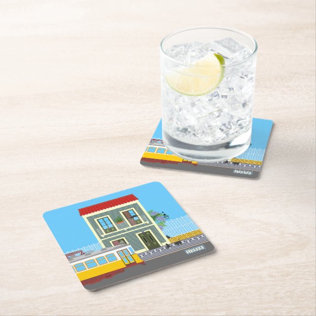 Posavasos Cuadrado De Papel Vieja casa de Lisboa con gatos y tranvía amarillo (In situ)