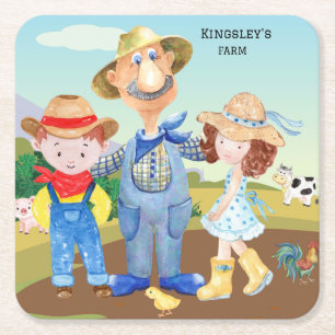 Posavasos Cuadrado De Papel Viejo MacDonald's Farm Coaster 🐔 Cute Family Barn