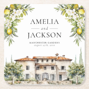 Posavasos Cuadrado De Papel Villas Italianas Limones y Aceitunas