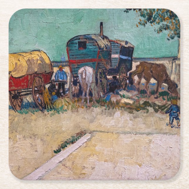 Posavasos Cuadrado De Papel Vincent Van Gogh - Caravanas, campo gitano cerca d (Anverso)