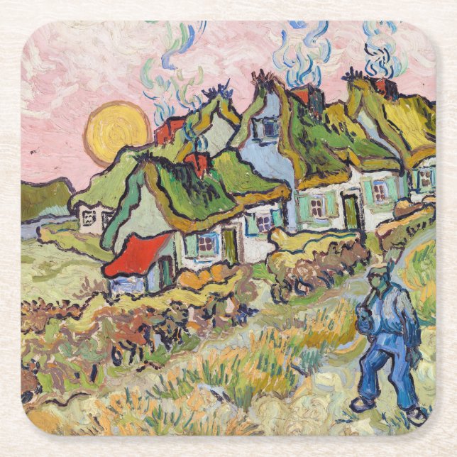 Posavasos Cuadrado De Papel Vincent van Gogh - Casas y Figura (Anverso)