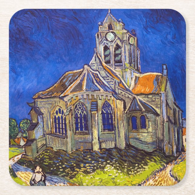 Posavasos Cuadrado De Papel Vincent van Gogh - La Iglesia de Auvers (Anverso)