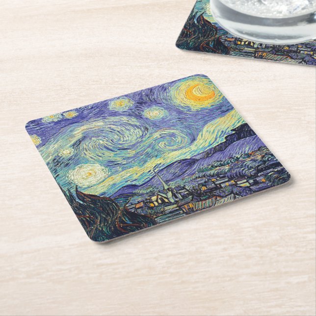 Posavasos Cuadrado De Papel Vincent Van Gogh/ La Noche Starry (En perspectiva)