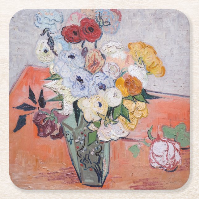 Posavasos Cuadrado De Papel Vincent van Gogh - Vase con Rosas y anemones (Anverso)