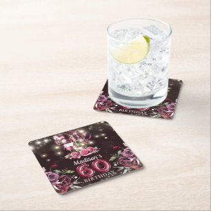 Posavasos Cuadrado De Papel Vino y globos 60 cumpleaños personalizado