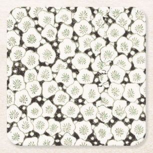 Posavasos Cuadrado De Papel Vintage 1902 Japonés Floral: Flor Blanca Negra