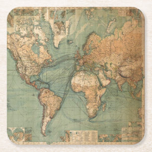 Posavasos Cuadrado De Papel Vintage Antiguo Mapa del Mundo Elegante