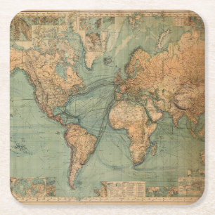 Posavasos Cuadrado De Papel Vintage Antiguo Mapa del Mundo Elegante