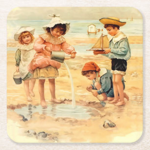 Posavasos Cuadrado De Papel Vintage Antique Beach Boy Chica Children Bella Art