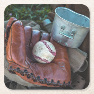 Posavasos Cuadrado De Papel Vintage Baseball Mit y Ball Baseball Glove Amer