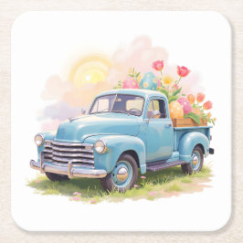 Posavasos Cuadrado De Papel Vintage Blue Truck with Easter Eggs & Tulips