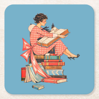 Posavasos Cuadrado De Papel Vintage Book Lover Reading Illustration