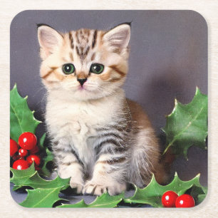 Posavasos Cuadrado De Papel Vintage Christmas Kitten and Holly