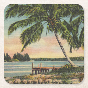 Posavasos Cuadrado De Papel Vintage Coconut Palmas Breeze Tropical Sunset