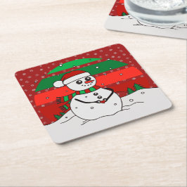Posavasos Cuadrado De Papel Vintage de Snowman Rainbow Snowflakes Green