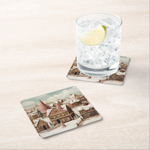 Posavasos Cuadrado De Papel Vintage digital gingerbread village