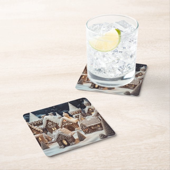 Posavasos Cuadrado De Papel Vintage digital gingerbread village (In situ)